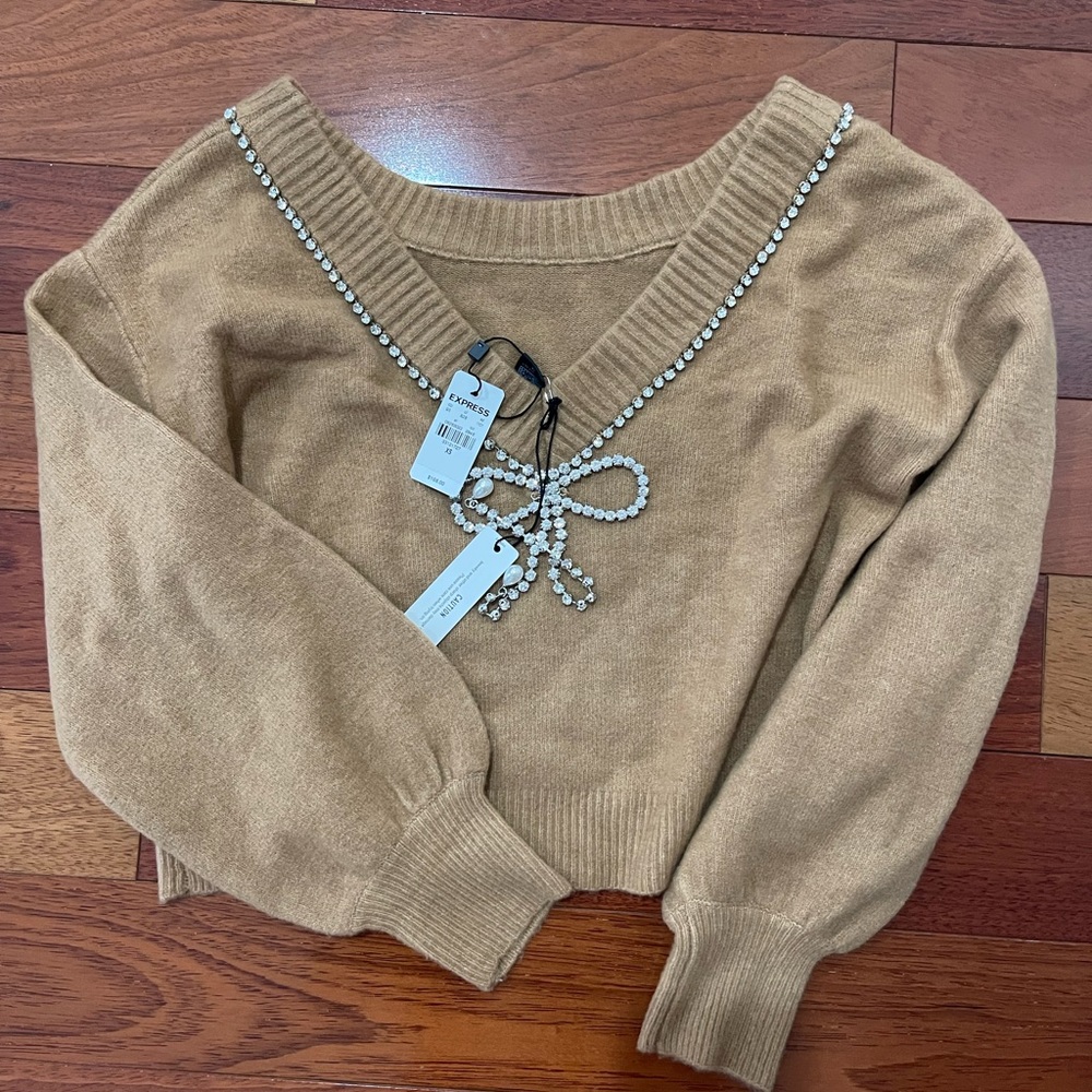 BNWT Express Bow Embellished Convertible Sweater Camel XS